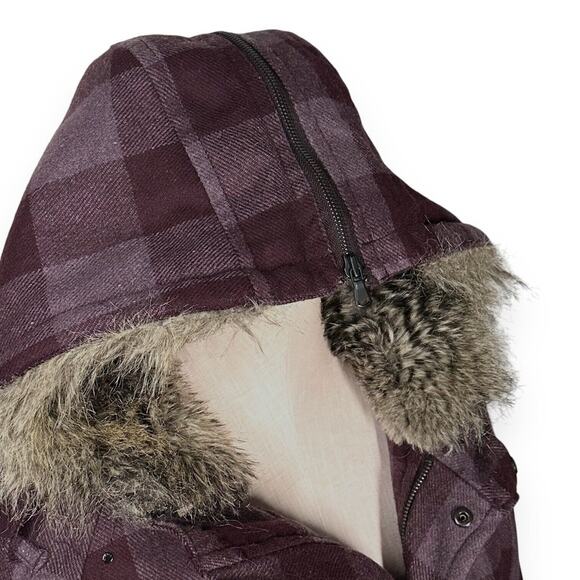 DIESEL Genuine Sheep Fur Wool Convertible Hood Plaid Parka Coat Jacket Maroon S - Picture 6 of 12